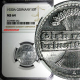 Germany, Weimar 1920 A 50 Pfennig NGC MS64 GEM BU Berlin Mint KM# 27  (052)
