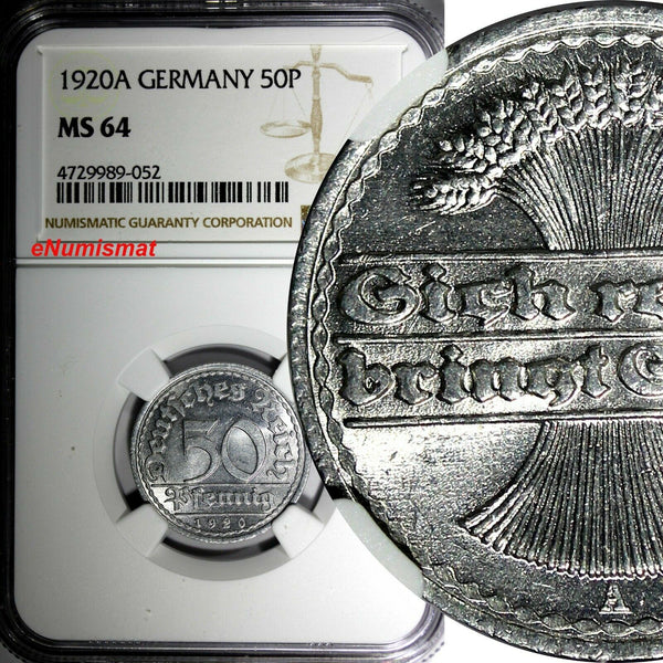 Germany, Weimar 1920 A 50 Pfennig NGC MS64 GEM BU Berlin Mint KM# 27  (052)