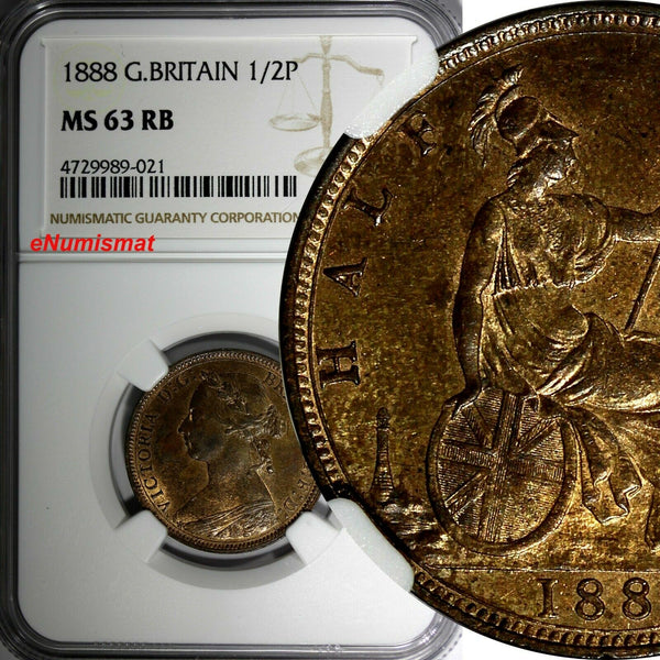 Great Britain Victoria (1837-1901) Bronze 1888 1/2 Penny NGC MS63 RB KM# 754