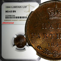 Great Britain Victoria 1844 1/2 Farthing NGC MS63 BN  Brown Toning KM# 738