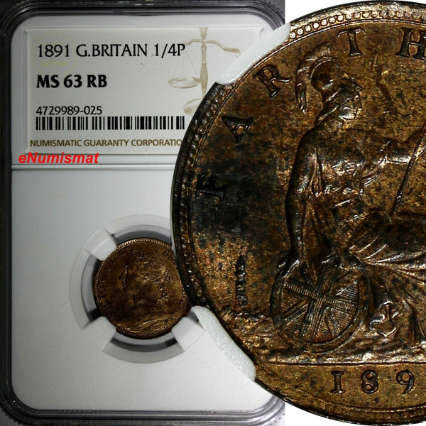 Great Britain Victoria Bronze 1891 Farthing NGC MS63 RB NICE TONING KM# 753