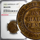 Australia George V Bronze 1922 1/2 Penny NGC MS62 BN KM# 22