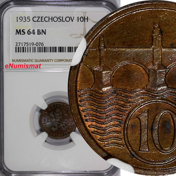 Czechoslovakia Bronze 1935 10 Haleru NGC MS64 BN KEY DATE FINEST BY NGC KM# 3