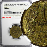TUNISIA Anonymous Aluminum-Bronze AH1360//1941 1 Francs NGC MS64 TOP GRADE KM247