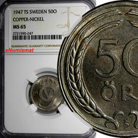 SWEDEN Gustaf V Copper-Nickel 1947-TS 50 Ore NGC MS65 TOP GRADED BY NGC  KM# 796