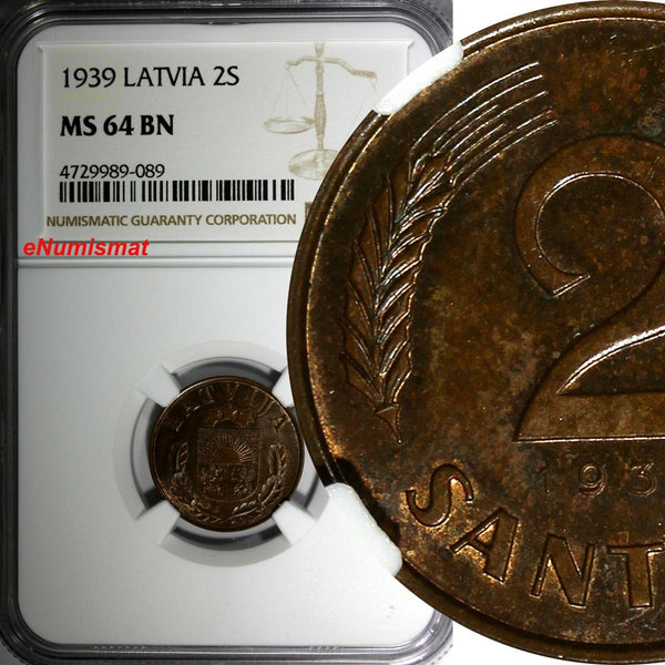 LATVIA Bronze 1939 2 Santimi NGC MS64 BN 1 YEAR TYPE Mint Luster KM# 11.2