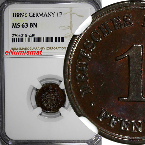 Germany-Empire Wilhelm I Copper 1889-E 1 Pfennig NGC MS63 BN TOP GRADED KM1/239