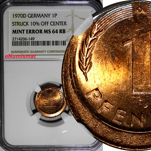 Germany - Federal 1970-D 1 Pfennig NGC MINT ERROR MS64 RB SCARCE KM#105 (149)