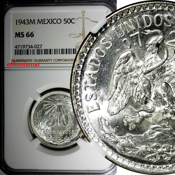 MEXICO ESTADOS UNIDOS MEXICANOS Silver 1943 M 50 Centavos NGC MS66 KM# 447