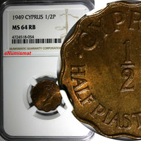Cyprus BRITISH COLONY 1949 1/2 Piastre NGC MS64 RB 1 YEAR TYPE  KM# 29  (054)