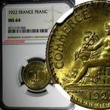 FRANCE Aluminum-Bronze 1922 1 Franc NGC MS64 Chamber of Commerce KM# 876