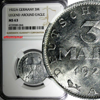 Germany,Weimar Republic 1922 A 3 Mark NGC MS63 LEGEND AROUND EAGLE KM# 29