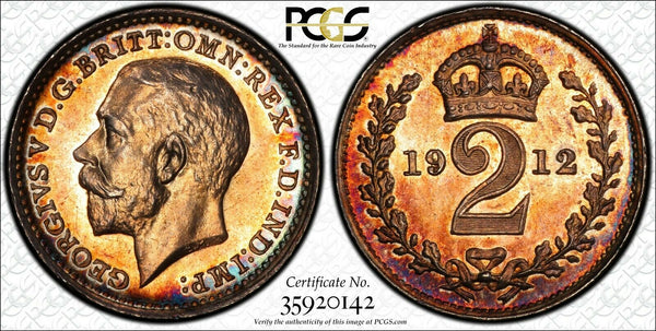 Great Britain George V Silver 1912 2 Pence PCGS PL65 PROOFLIKE RAINBOW  KM#812