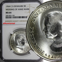 Denmark Silver 1964 C S 5 Kroner NGC MS64 Wedding of Princess 1 YEAR TYPE KM#854