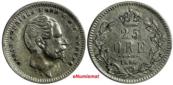 Sweden Oscar I Silver 1856 ST 25 Ore KM# 684