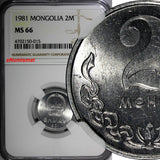 Mongolia Aluminum 1981 2 Mongo NGC MS66 TOP GRADED COIN KM# 28