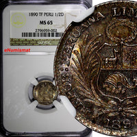 Peru SOUTH PERU Silver 1890 TF 1/2 Dinero NGC MS65 RAINBOW TONED KM# 206.1