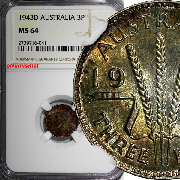 AUSTRALIA Silver 1943-D 3 Pence Threepence NGC MS64 Rainbow Toned KM# 37