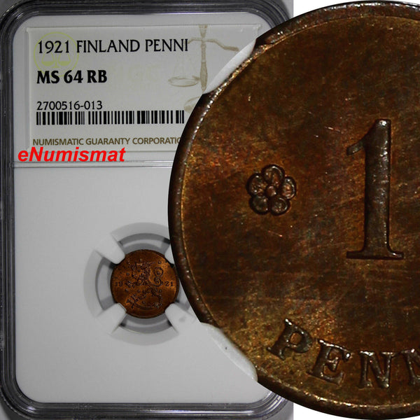 Finland Copper 1921 1 Penni NGC MS64 RB TOP GRADED BY NGC KM# 23