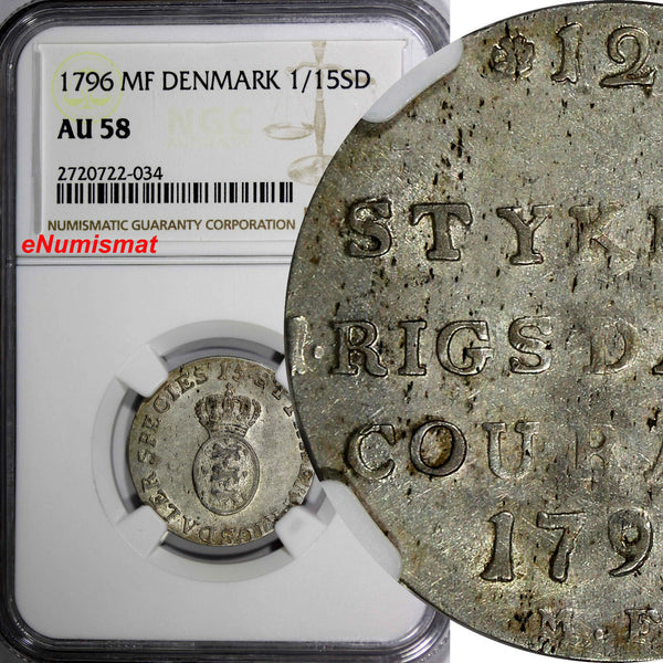 DENMARK Silver 1796-MF 1/15 Specie Daler NGC AU58 TOP GRADED RARE KM# 652