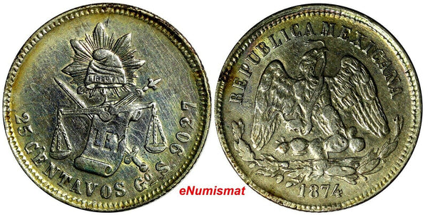 Mexico SECOND REPUBLIC Silver 1874 Go S 25 Centavos  Guanajuato Mint  KM#406.5