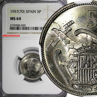 SPAIN  Caudillo and regent 1957 (70) 5 Pesetas NGC MS64 TOP GRADED COIN KM# 786
