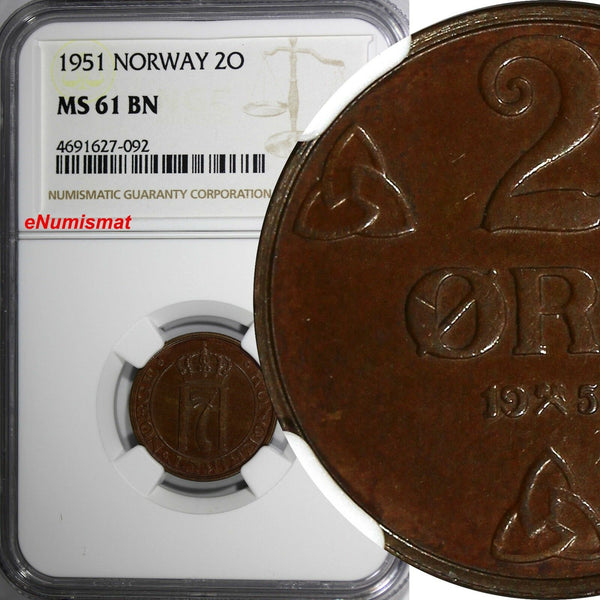 Norway Haakon VII Bronze 1951 2 Ore NGC MS61 BN TOP GRADED BY NGC KM# 371