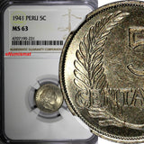 Peru 1941 5 Centavos NGC MS63 LAST YEAR TOP GRADED BY NGC KM# 213.2