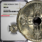 NORWAY Haakon VII Copper-Nickel 1950 25 Øre Last Year NGC MS64 TOP GRADE KM# 384