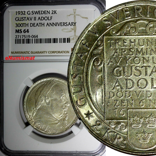 SWEDEN Silver 1932-G 2 Kronor NGC MS64  Death of Gustaf II Adolf KM# 805(064)