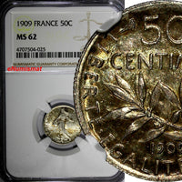 FRANCE Silver 1909 50 Centimes NGC MS62 Light Toned KM# 854