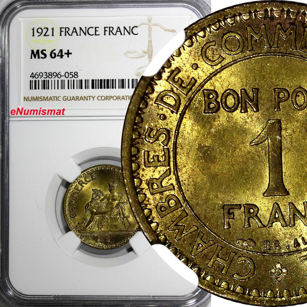 France Aluminum-Bronze 1921 1 Franc NGC MS64+ "PLUS" Chamber of Commerce KM# 876