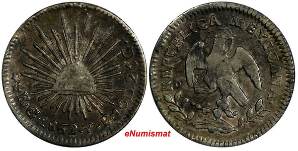 MEXICO Silver 1862/1 Go YF  1/2 Real OVERDATE "2/1" Guanajuato Mint KM# 370.7