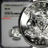 Australia George VI Silver 1942-D 6 Pence Sixpence NGC MS64 KM# 38