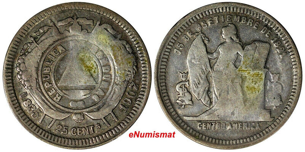 Honduras Silver 1907 25 Centavos Mintage-14,000 KEY DATE KM# 50a