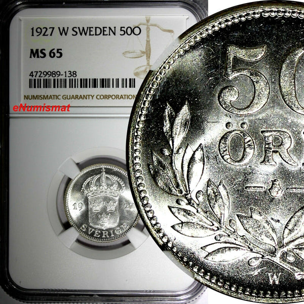 SWEDEN Gustaf V Silver 1927 W 50 Ore NGC MS65 BU SCARCE KM# 788