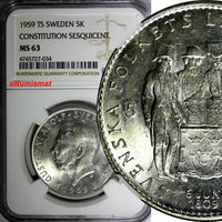 SWEDEN Silver 1959 TS 5 Kronor NGC MS63 Constitution Sesquicentennial KM# 830