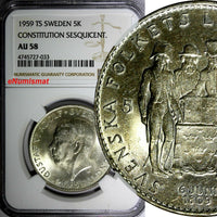 SWEDEN Silver 1959 TS 5 Kronor NGC AU58 Constitution Sesquicentennial KM# 830