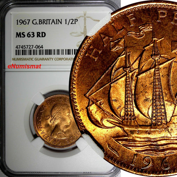 GREAT BRITAIN Elizabeth II 1967 1/2 Penny NGC MS63 RD FULL RED TONING KM# 896