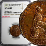 Great Britain Victoria Copper 1857 Farthing NGC MS64 RB LIGHT TONED KM# 725