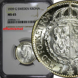 SWEDEN Gustaf V Silver 1939-G 1 Krona NGC MS65 GEM BU  KM# 786.2