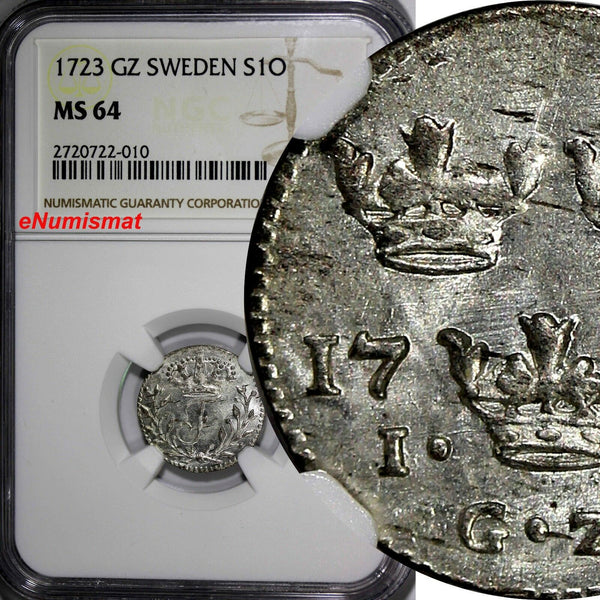 SWEDEN Frederick I Silver 1723 GZ 1 ORE NGC MS64 TOP GRADED BY NGC SCARCE KM#382