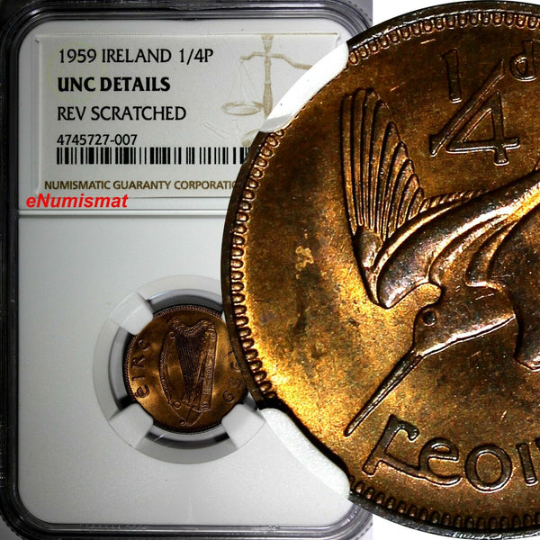 IRELAND Republic Bronze 1959 1/4 Penny Farthing Mint-192,000 NGC UNC DETAILS KM9
