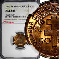 Madagascar French Colony 1943-SA 50 Centimes NGC MS64 RB Rooster Pretoria KM# 1