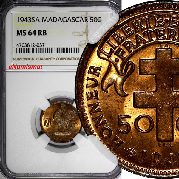 Madagascar French Colony 1943-SA 50 Centimes NGC MS64 RB Rooster Pretoria KM# 1