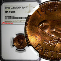 Great Britain George VI Bronze 1945 Farthing NGC MS63 RB RED TONING KM# 843