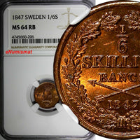 SWEDEN Oscar I Copper 1847 1/6 Skilling NGC MS64 RB NICE BU COIN  KM# 656
