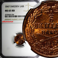 SWEDEN Oscar I Copper 1847 1/6 Skilling NGC MS65 RB TOP GRADED BY NGC KM# 656