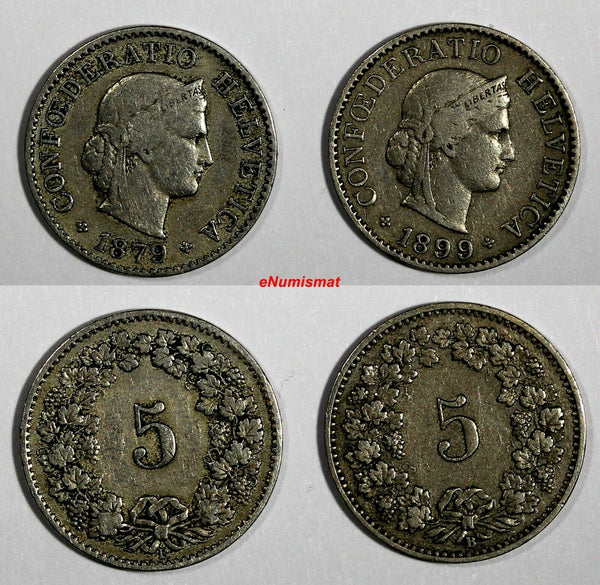 Switzerland LOT OF 2 COINS 1879,1899  5 Rappen BETTER SCARCE DATES KM# 26