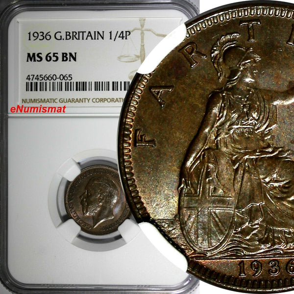 Great Britain George V (1910-1936) 1936 Farthing NGC MS65 BN LAST DATE  KM# 825